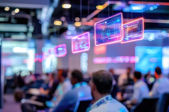 Tech conference hall utilizes floating holographic name tags for attendee interaction.
