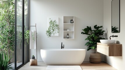 Fototapeta premium Ultramodern and minimalist bathroom design with integrated IoT technology for smart temperature control