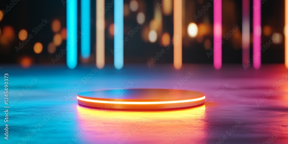 Poster Futuristic LED Podium Display Illuminated Acrylic Stage with Vibrant Neon Outlines on Concrete - Event Presentation and Digital Marketing in Tech-Driven Business Spaces