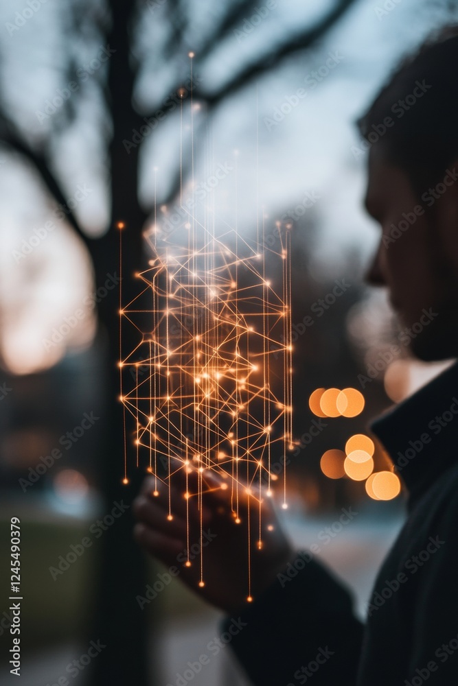 Poster Futuristic Identity Security Digital Holographic Network Visualization on Smartphone - Advanced Tech Content for Cybersecurity Solutions and Business Innovation