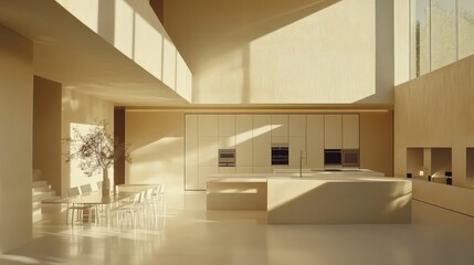 Fototapeta premium Bright and Inviting Open Minimalist Home Layout Featuring Seamless Transition Between Kitchen, Dining, and Living Spaces Bathed in Natural Light