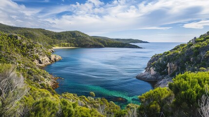 A captivating scenic coastal lagoon embraced by lush green cliffs and filled with crystal clear water. The lagoon presents a harmonious blend of natural beauty, with the verdant cliffs and transparent