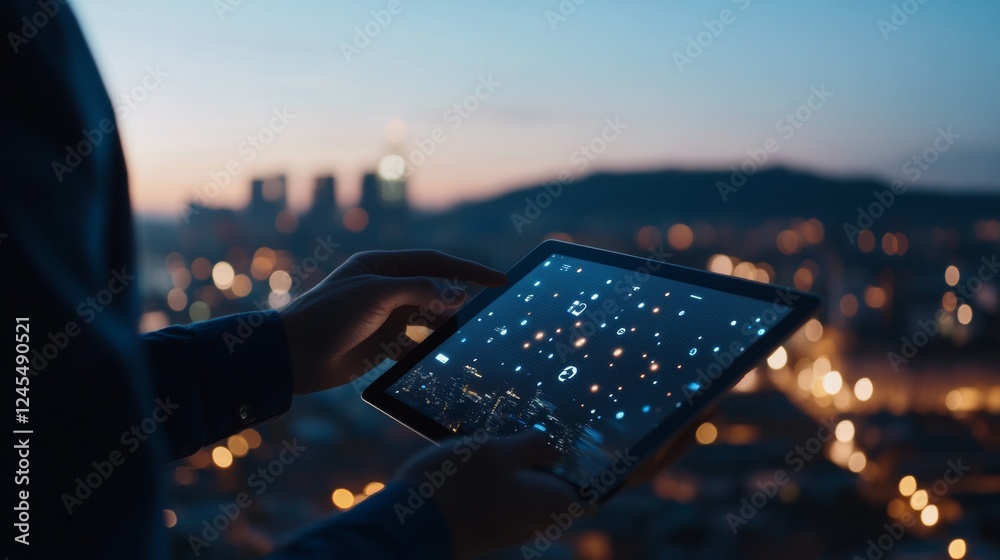 Poster Contemporary Urban Smart Home Interface AI Tablet Displaying Security and Automation - Streamlined Tech for Modern Living and Urban Efficiency