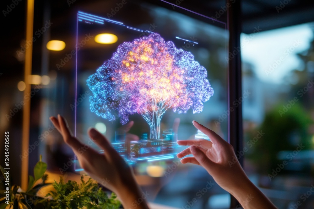 Poster Futuristic Interface Interactive Holographic Display in Modern Tech Workspace - Urban Innovation Hub and Collaborative AI Development for Digital Transformation
