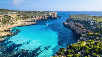 A captivating scenic coastal lagoon embraced by lush green cliffs and filled with crystal clear water. The lagoon presents a harmonious blend of natural beauty, with the verdant cliffs and transparent