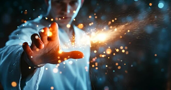 Man Controlling Glowing Magical Energy with Sparkling Particles in Dark Atmosphere

