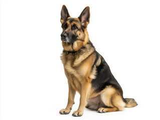  German Shepherd sitting on a white background, looking alert with its ears perked up