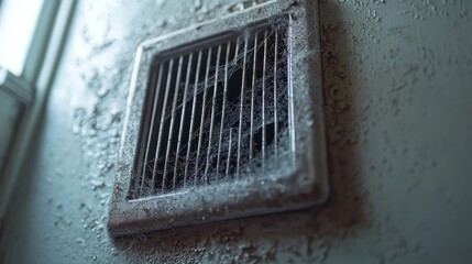 Dust envelops an old vent in a neglected space, showcasing layers of cobwebs that tell stories of abandonment. Sunlight filters in, illuminating years of neglect and stillness