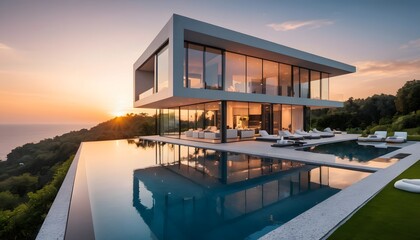 Fototapeta premium 8K ultra-modern luxury villa with a glass facade, infinity pool, and minimalist landscaping at sunset