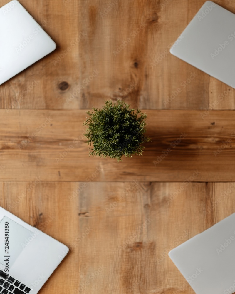 Aufkleber minimalist corporate workshop space sleek laptops and greenery on rustic wooden table - engaging pro