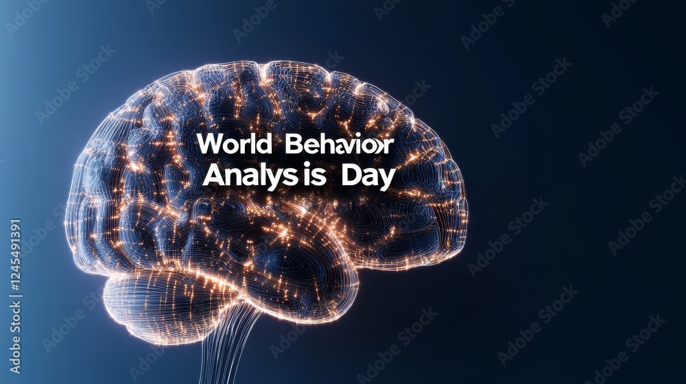 Poster Digital Neural Blueprint Illuminated Brain Graphic for World Behavior Analysis Day - Futuristic Visualization in AI Research and Cognitive Science Marketing