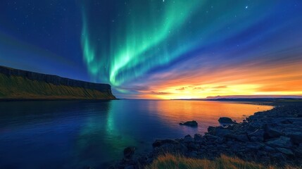 Vibrant aurora borealis display over a tranquil ocean and dramatic cliff at sunset.