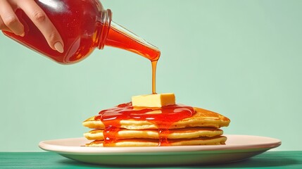 Food pop art photography. Close up. Female hand pouring sweet jam on delicious pancakes with butter...