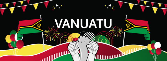Holiday themed wide banner for Vanuatu Independence Day with colorful abstract background. July 30, Happy Vanuatu National Day with pride. Vector illustration celebration