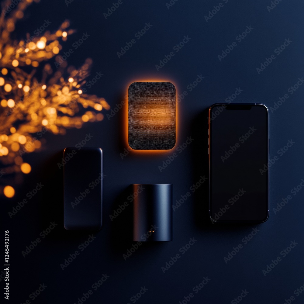 Poster Futuristic UWB Home Connectivity Display Smart Devices on Glossy Black Surface for Innovative Tech Solutions and Cybersecurity in Modern Architecture