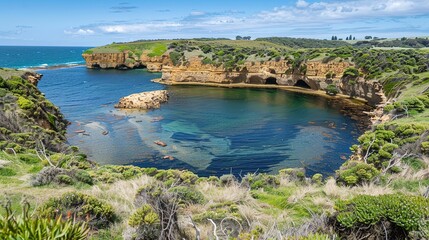 Obraz premium A captivating scenic coastal lagoon embraced by lush green cliffs and filled with crystal clear water. The lagoon presents a harmonious blend of natural beauty, with the verdant cliffs and transparent
