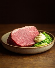 Vintage Gastronomy Display Salted Beef Slice on Rustic Ceramic with Horseradish and Cabbage - Nostalgic Comfort Food for Restaurant Menus and Culinary Content Creation