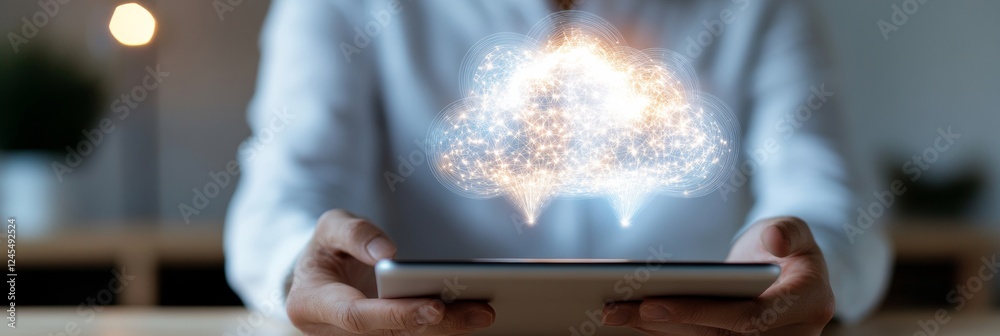 Poster Futuristic Holographic Interface Interactive Cloud Display on Sleek Tablet - Digital Transformation and Automation for Business Innovation