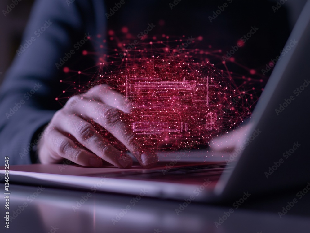 Aufkleber Futuristic Cyber Security Visual Hands on Keyboard with Holographic Padlock and Network Nodes Overlay - Essential for Digital Marketing and Data Protection in Tech Industry