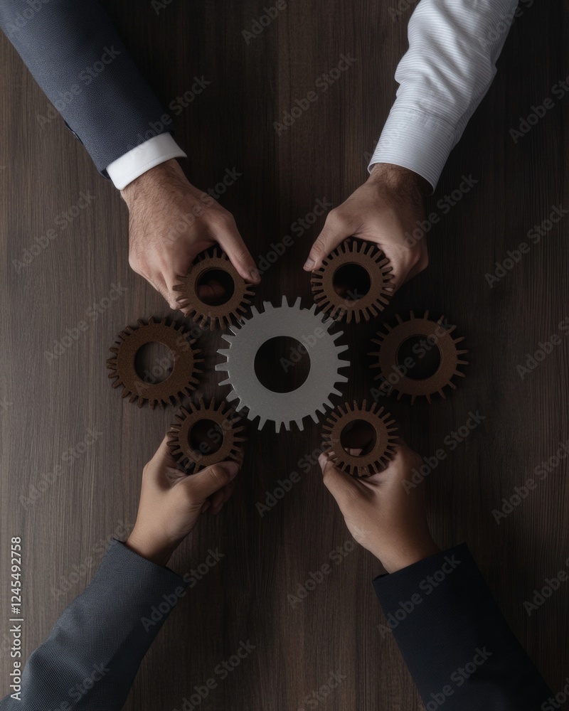 Aufkleber collaborative industrial tech artistry metallic gears in diverse hands on wood surface - modern team