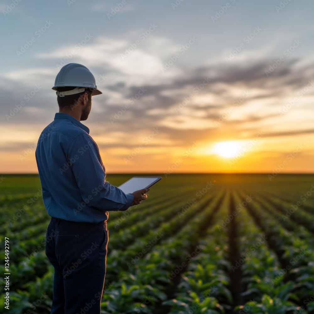 Poster tech-optimized farming engineer with tablet in vibrant cornfield at sunset - smart agriculture and d