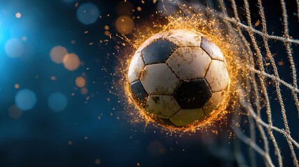 Fototapeta premium Powerful soccer ball bursting through the net in an explosive of victory and triumph on the sports field The ball is surrounded by energy sparks and a glowing aura