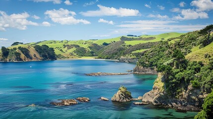 A captivating scenic coastal lagoon embraced by lush green cliffs and filled with crystal clear water. The lagoon presents a harmonious blend of natural beauty, with the verdant cliffs and transparent