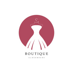 Boutique fashion logo. Mannequin dress and handbag on pink background.Women's clothing logo with hanger, luxury clothes.Logo for business,boutique,fashion shop,model,shopping and beauty.