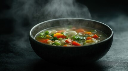 Vegetable soup in a bowl  with steam on a dark background