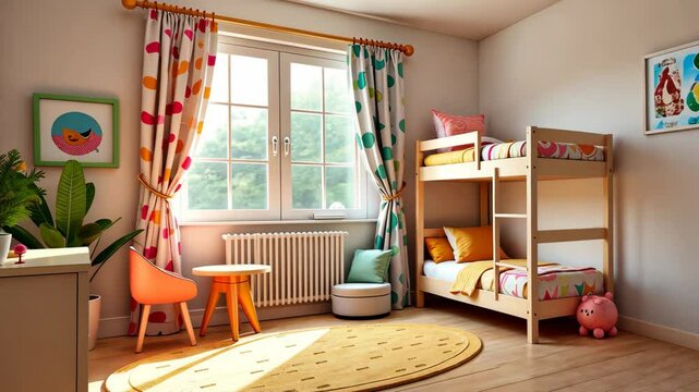 A bedroom with a bunk bed and a chair. The chair is next to a radiator. There is a pink piggy bank on the floor