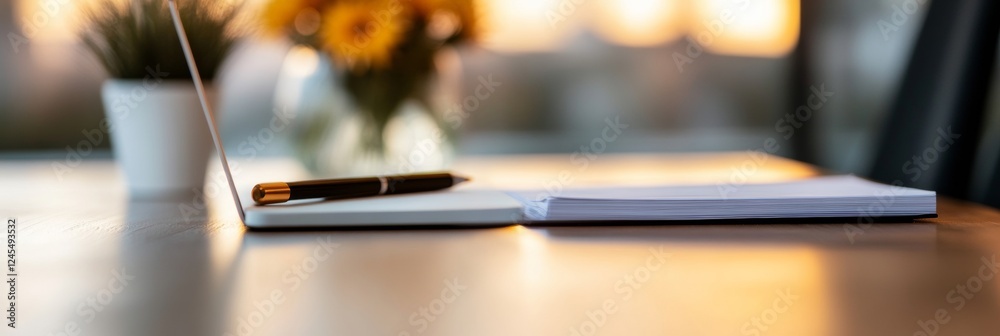 Poster sunlit minimalist workspace sleek conference table with laptop and notebooks - business innovation a