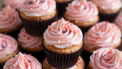 Close-up shot of delicious pink frosted cupcakes with sprinkles, perfect for Valentine's Day or a birthday celebration.