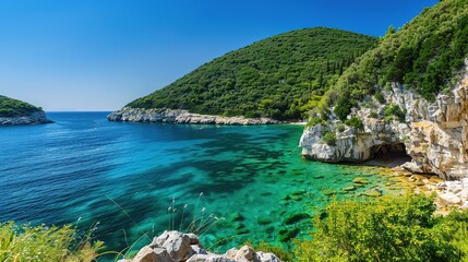 Fototapeta premium A captivating scenic coastal lagoon embraced by lush green cliffs and filled with crystal clear water. The lagoon presents a harmonious blend of natural beauty, with the verdant cliffs and transparent