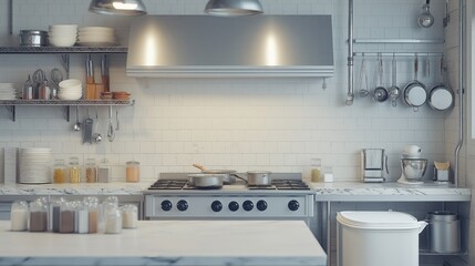 Professional Restaurant kitchen with stainless steel equipment and essentials