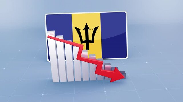Barbados country flag and bar chart graph showing decreasing values a red arrow economic crisis concept. Flag of Barbados