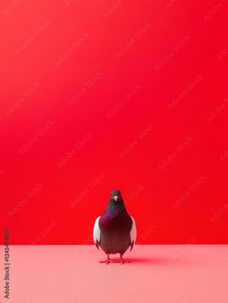 Poster vibrant minimalist red backdrop with pigeon - bold visual content for marketing and modern design, c