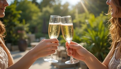 Two young women toasting with champagne flutes outdoors on a sunny day, celebrating friendship and happiness