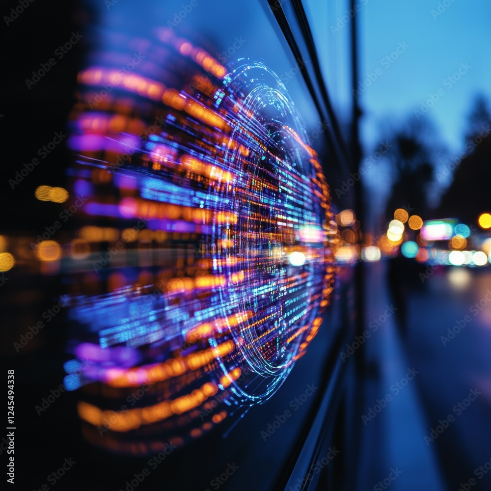 Poster Futuristic Holographic Interface Dynamic Data Visualization on Glass Surface for Business Analytics and Decision-MakingEnhancing Tech-Driven Strategy in Urban Environments