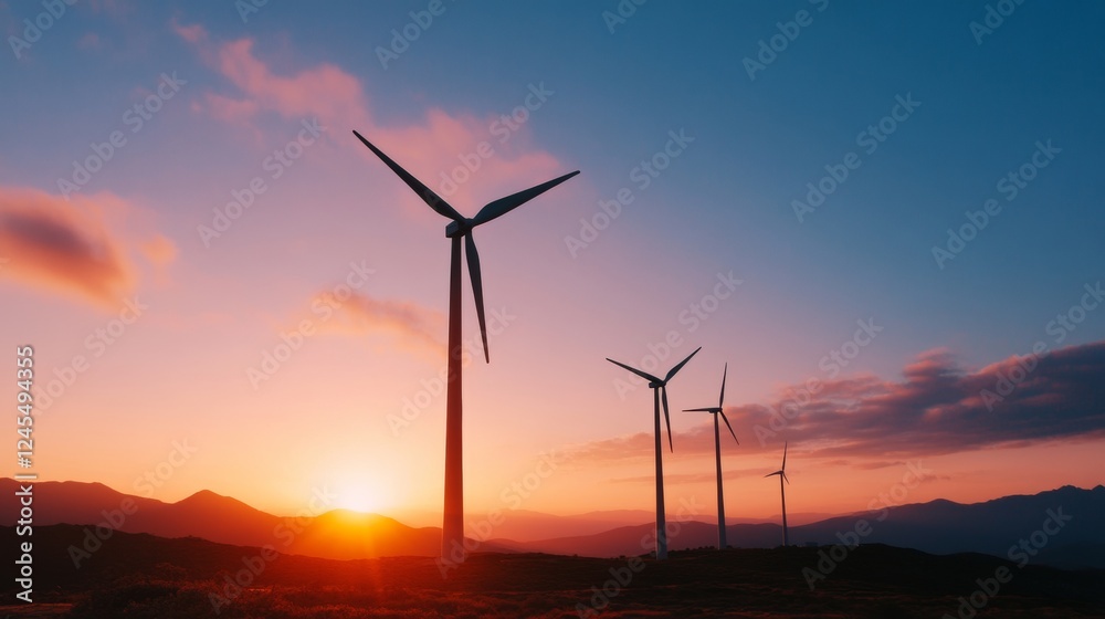 Aufkleber vibrant smart grid visualization metallic power towers and wind turbines at sunset - energy infrastr