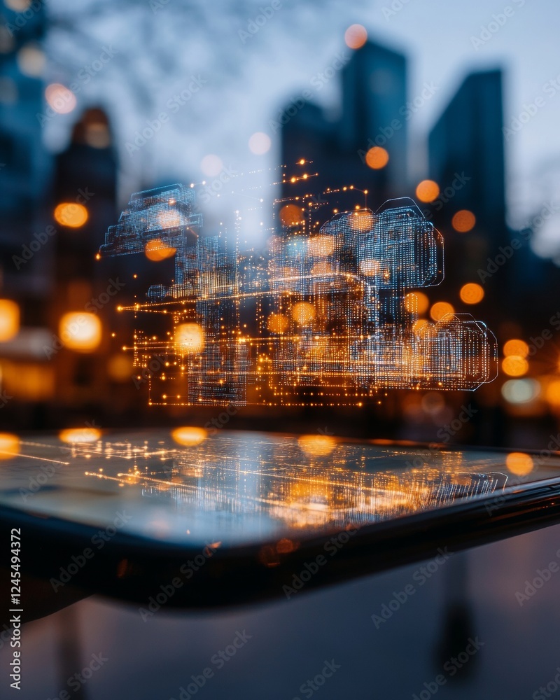 Poster futuristic urban technology digital hologram display on smart glass interface in contemporary worksp