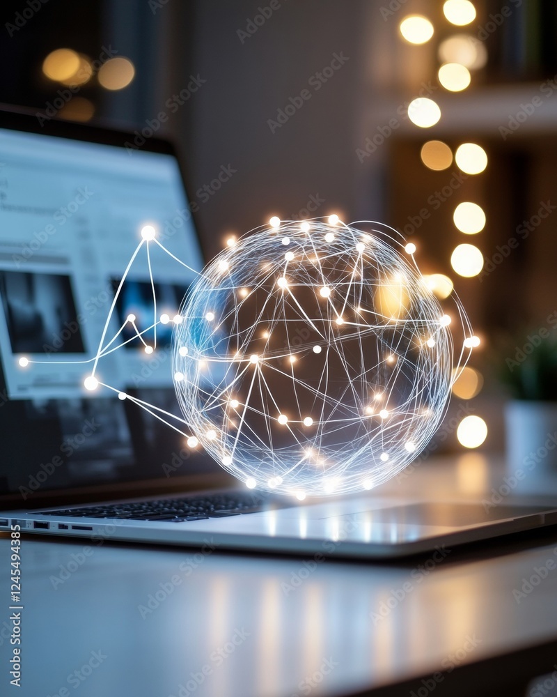 Poster Futuristic Workspace Display Interactive IoT Ecosystem on Sleek Metallic Laptop - Business Innovation and Smart Tech Integration for Modern Offices