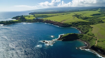 A captivating scenic coastal lagoon embraced by lush green cliffs and filled with crystal clear water. The lagoon presents a harmonious blend of natural beauty, with the verdant cliffs and transparent