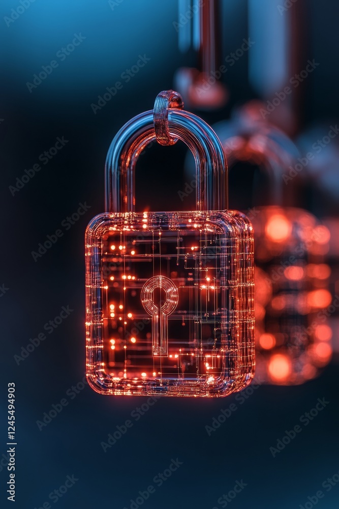 Poster Futuristic Cybersecurity Concept Digital Lock with Neon Grid Design in Metaverse Style - Advanced Data Protection and Innovative Network Security Solutions for Tech Industry