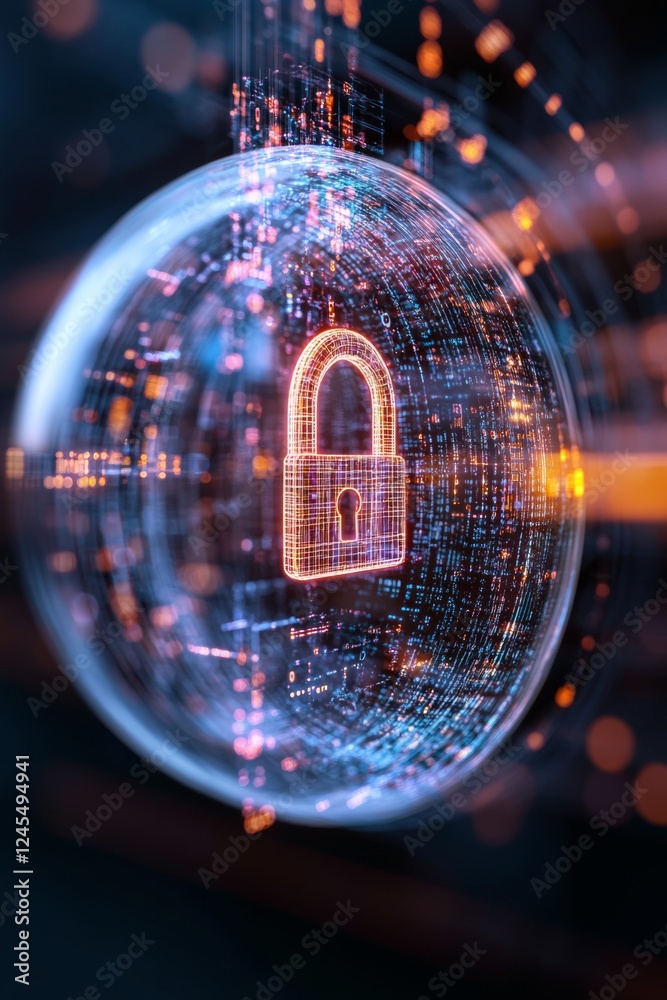 Poster Futuristic Cybersecurity Visualization Holographic Digital Lock with Data Streams - Innovative IT Security Solutions for Resilient Network Protection