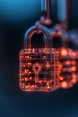 Futuristic Cybersecurity Concept Digital Lock with Neon Grid Design in Metaverse Style - Advanced Data Protection and Innovative Network Security Solutions for Tech Industry