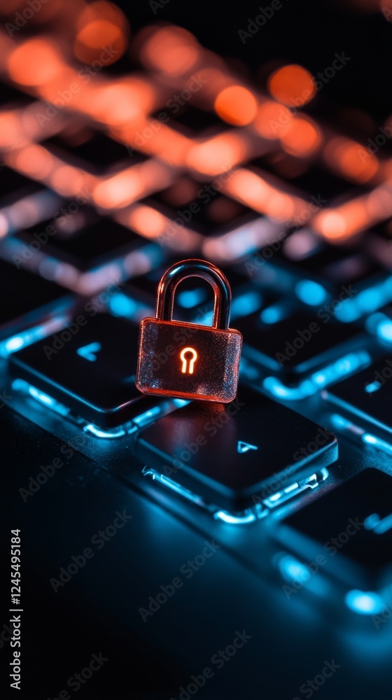 Poster Sleek Cybersecurity Visualization Neon Keypad with Illuminated Lock Icon - Modern Tech Content for Digital Safety and Secure Workspace Solutions