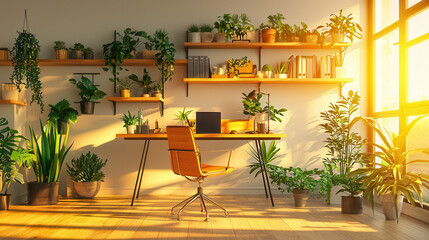 Obraz premium modern home office setup with wooden desk, chair, and various plants, illuminated by warm sunlight