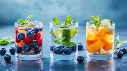 Concept of fresh summer fruits, blueberry in water