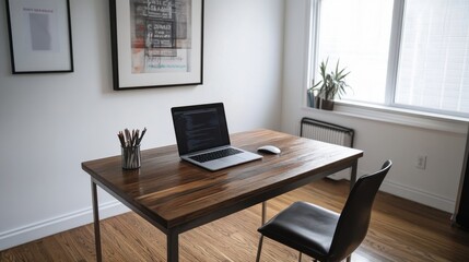 Modern Minimalist Workspace with Wooden Desk and Laptop in Bright Room Featuring Contemporary Artwork on Wall Perfect for Productivity and Aesthetic Inspiration