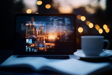 Ambient Tech Workspace Remote Work Laptop with Video Conference Grid, Urban Skyline Reflections and Coffee - Enhancing Virtual Team Collaboration in Modern Business